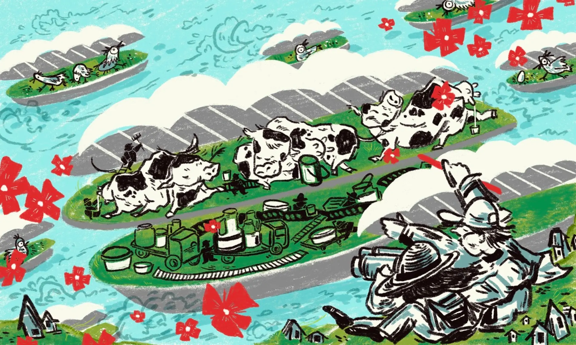 Cows at Floating Farm nourish the local community without using any land. Illustration: Yuanyuan Zhou/The Guardian