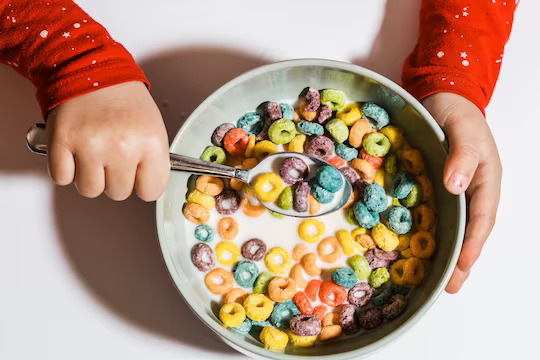A child eats cereal with Cowabunga brand “animal-free dairy beverage.” 