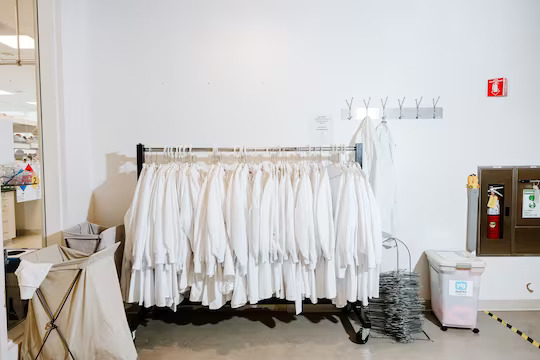 Lab coats hang on a rack in front of the bio-analytics lab at Perfect Day. 