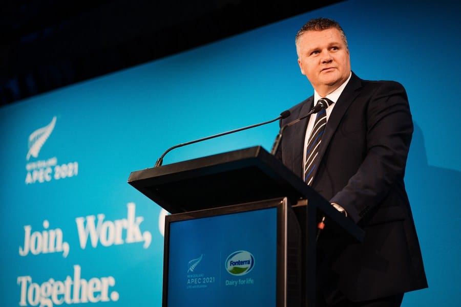 Fonterra chief executive Miles Hurrell speaks at APEC (Asia-Pacific Economic Cooperation) 2021 LIVE with Business: A sustainable and resilient APEC food system, an APEC event held in Auckland, New Zealand, Aug. 5, 2021. (Xinhua)